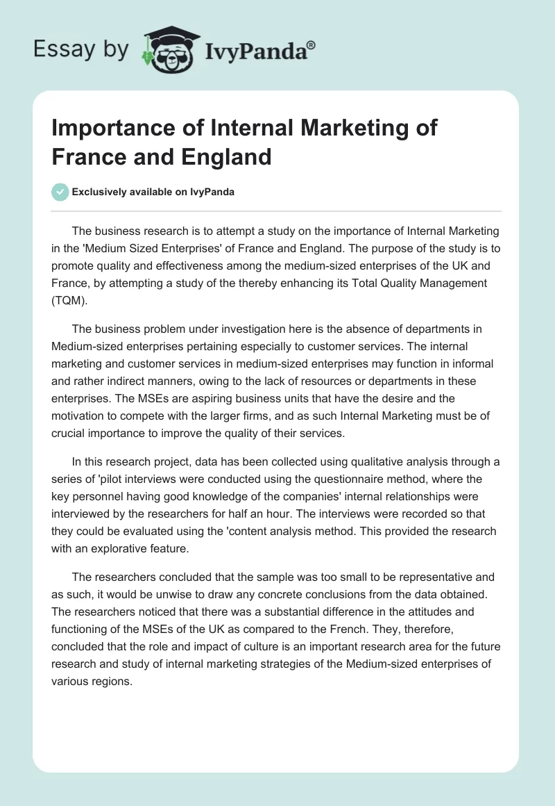 Importance of Internal Marketing of France and England. Page 1