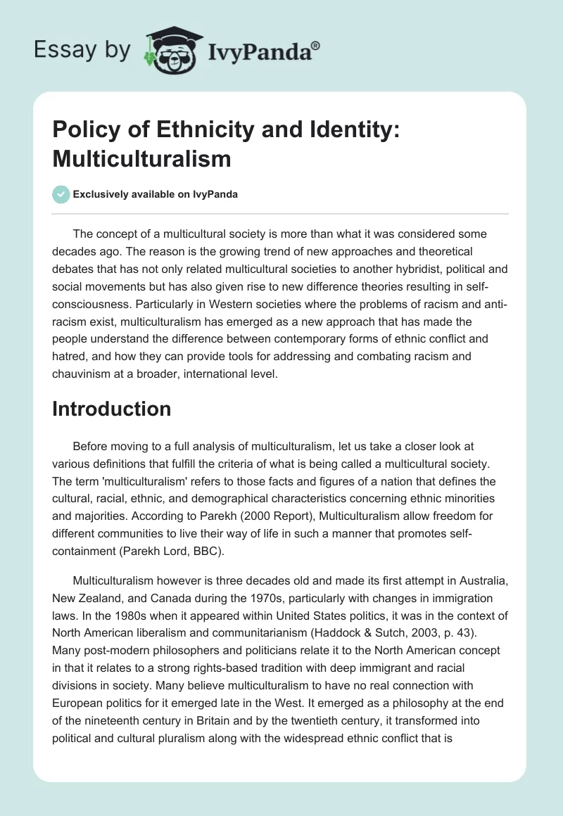Policy of Ethnicity and Identity: Multiculturalism. Page 1
