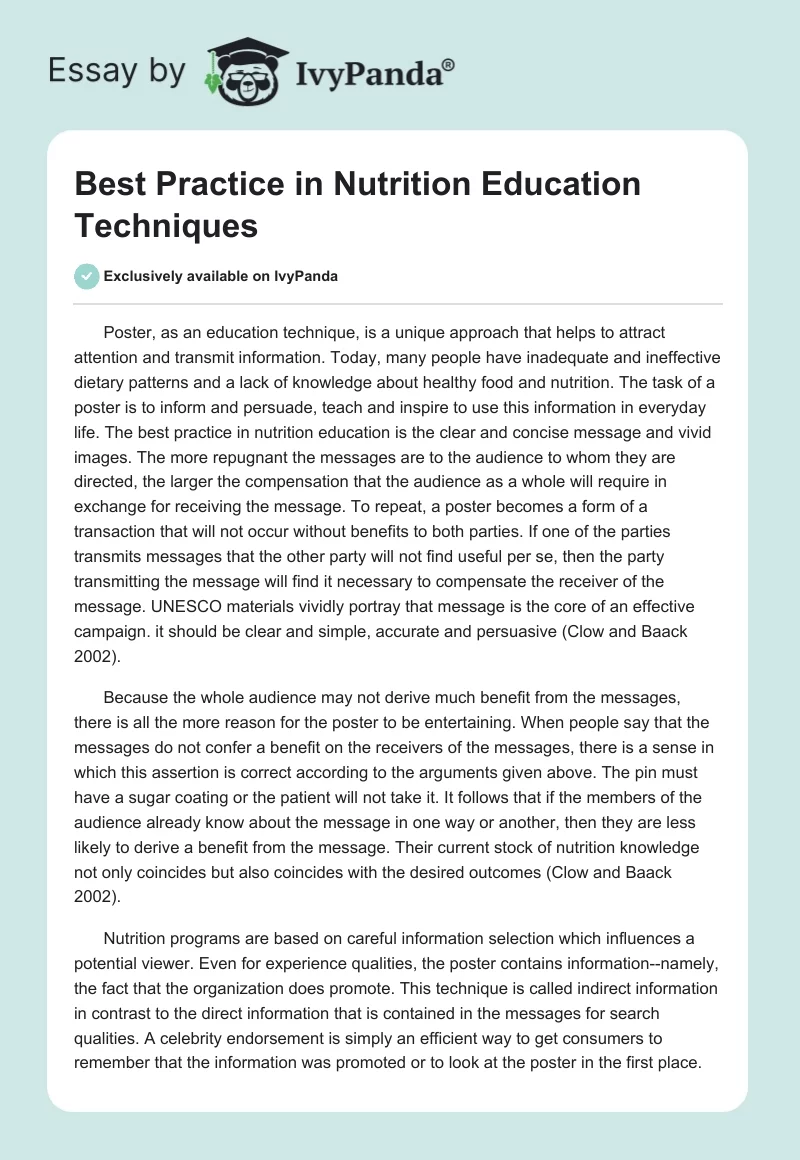 Best Practice in Nutrition Education Techniques. Page 1