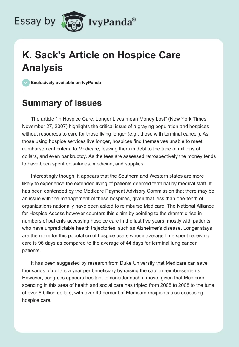 K. Sack's Article on Hospice Care Analysis. Page 1
