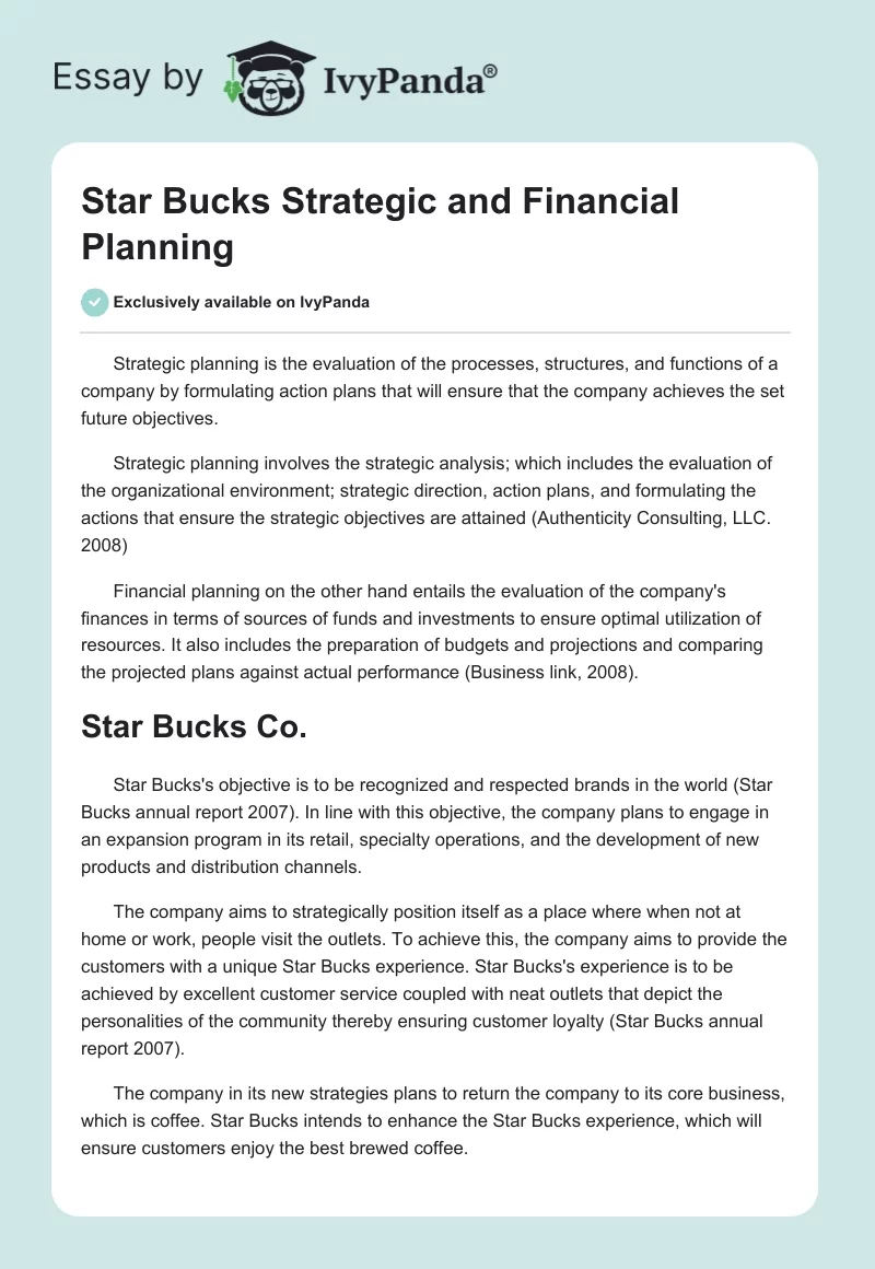 Star Bucks Strategic and Financial Planning. Page 1