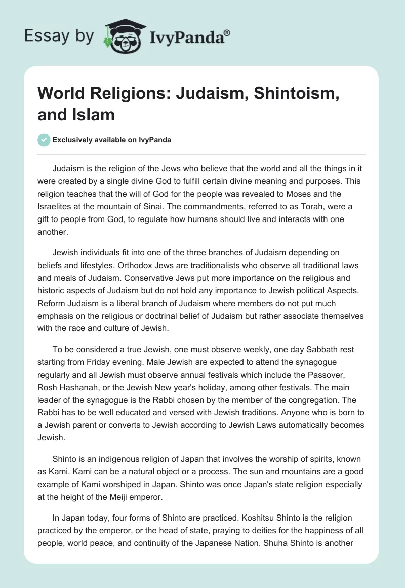 World Religions: Judaism, Shintoism, and Islam. Page 1