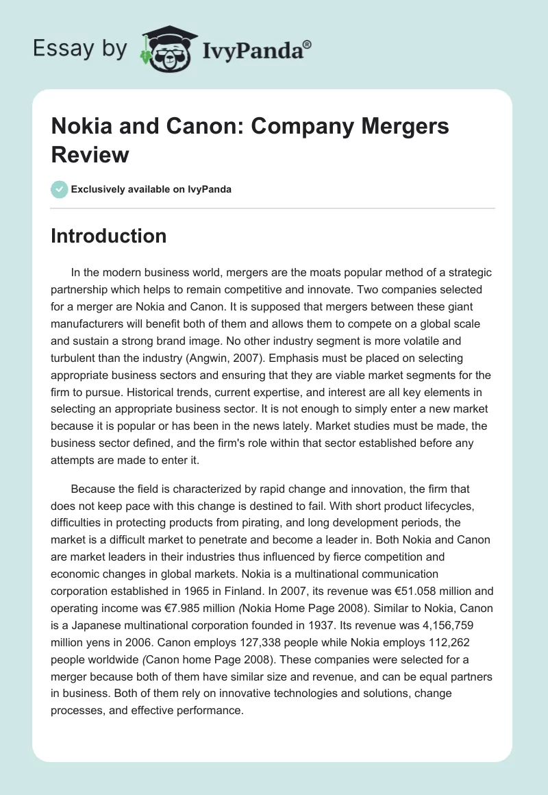 Nokia and Canon: Company Mergers Review. Page 1