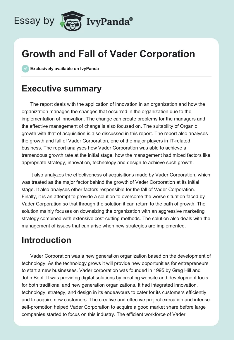 Growth and Fall of Vader Corporation. Page 1