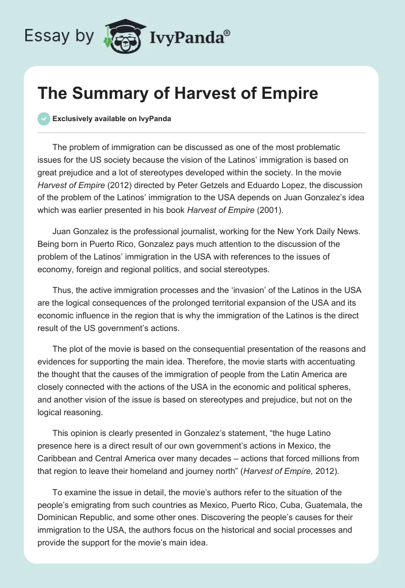 The Summary of Harvest of Empire. Page 1