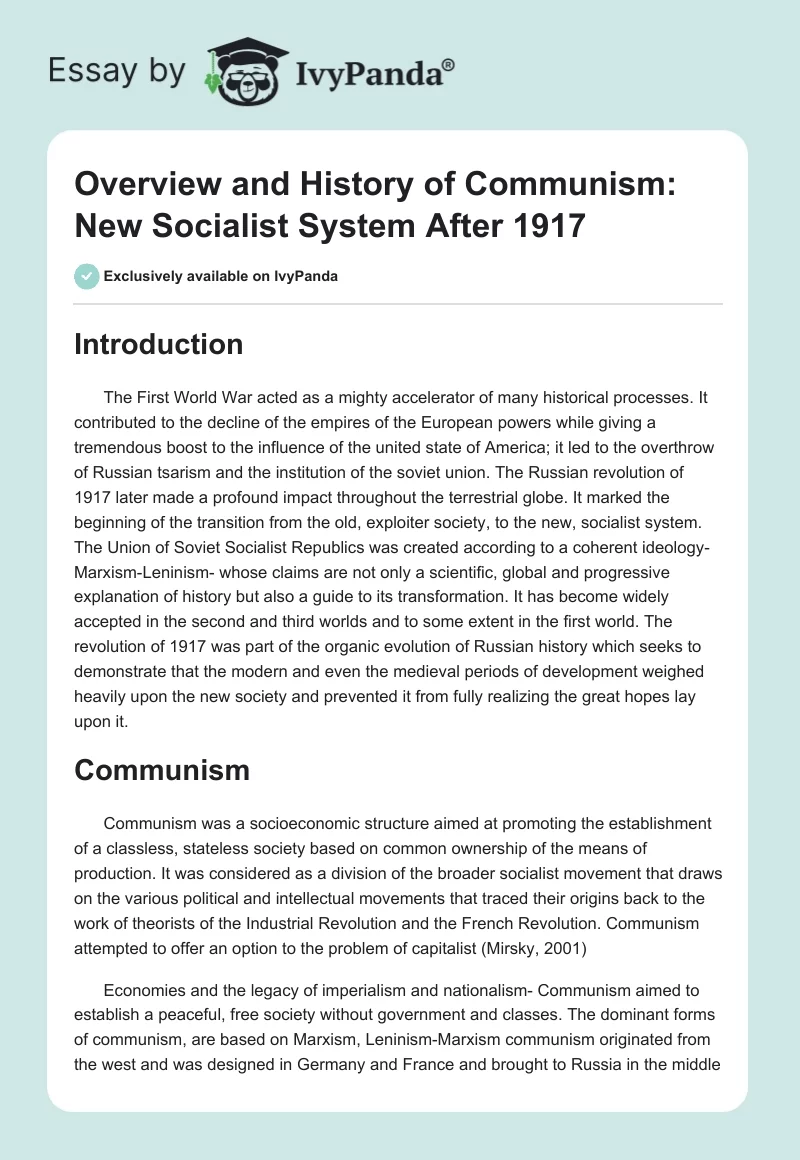 Overview and History of Communism: New Socialist System After 1917. Page 1