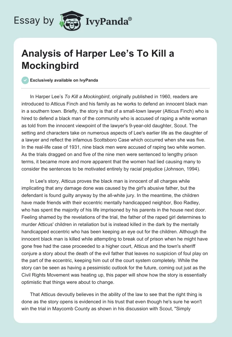 Analysis of Harper Lee’s To Kill a Mockingbird. Page 1