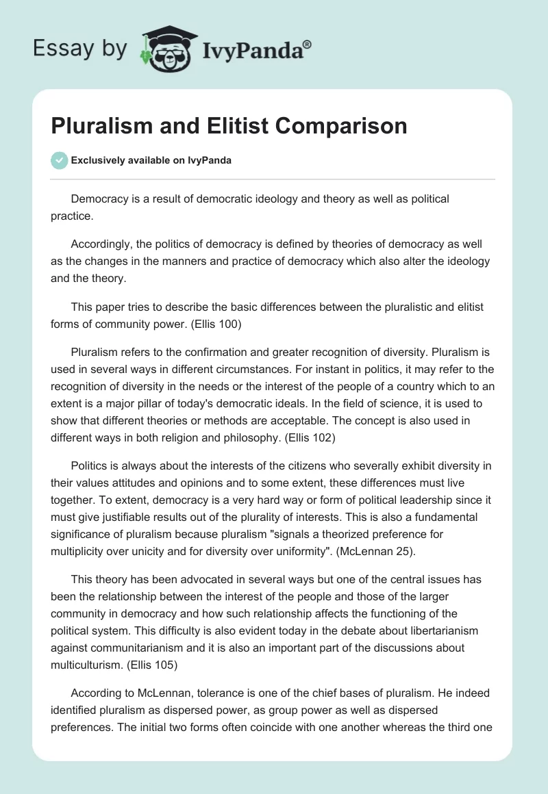 Pluralism and Elitist Comparison. Page 1