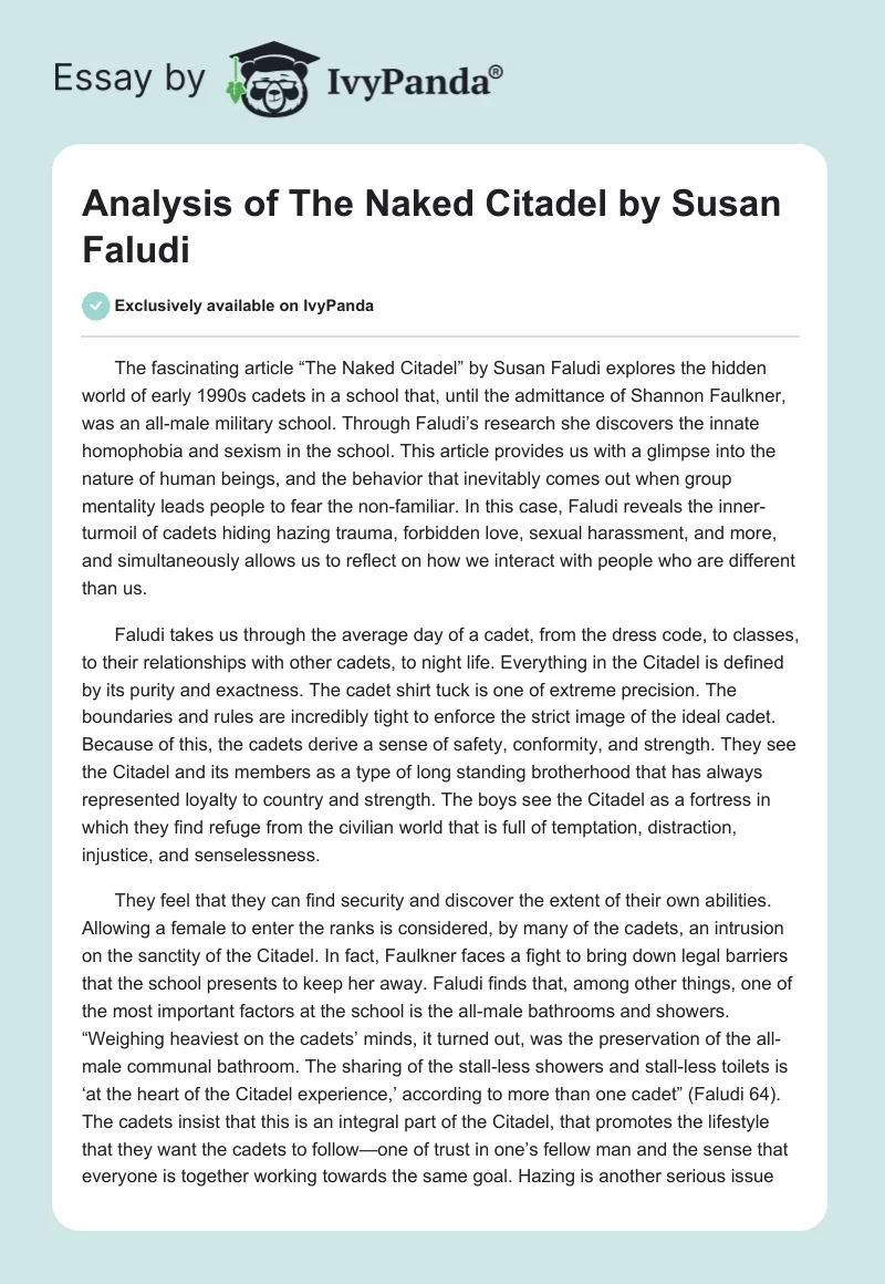 Analysis of The Naked Citadel by Susan Faludi. Page 1
