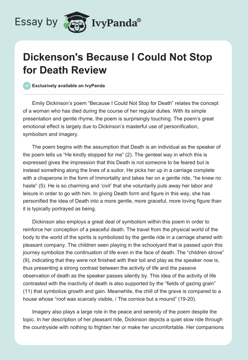 Dickenson's Because I Could Not Stop for Death Review. Page 1