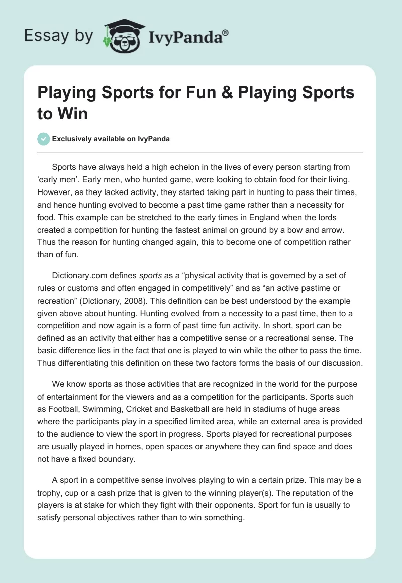 Playing Sports for Fun & Playing Sports to Win. Page 1