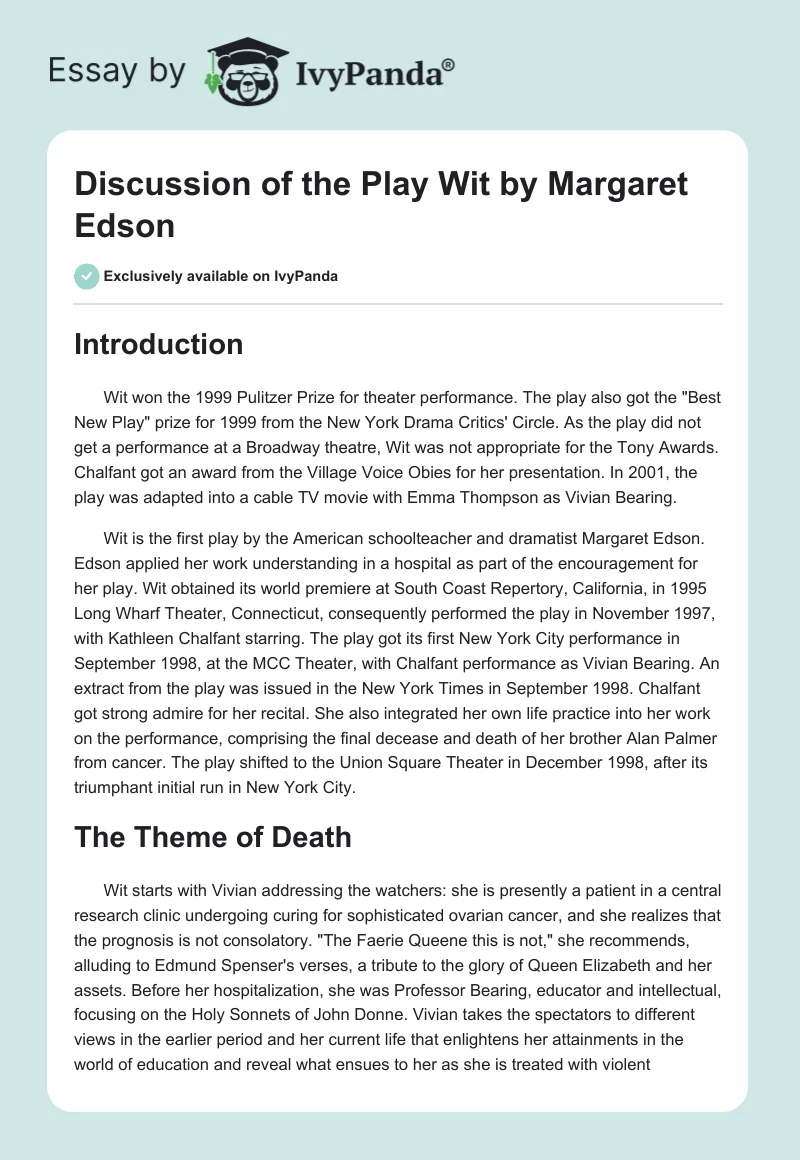 Discussion of the Play Wit by Margaret Edson. Page 1