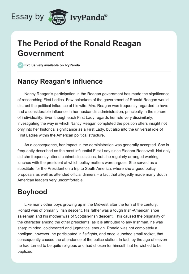 The Period of the Ronald Reagan Government. Page 1