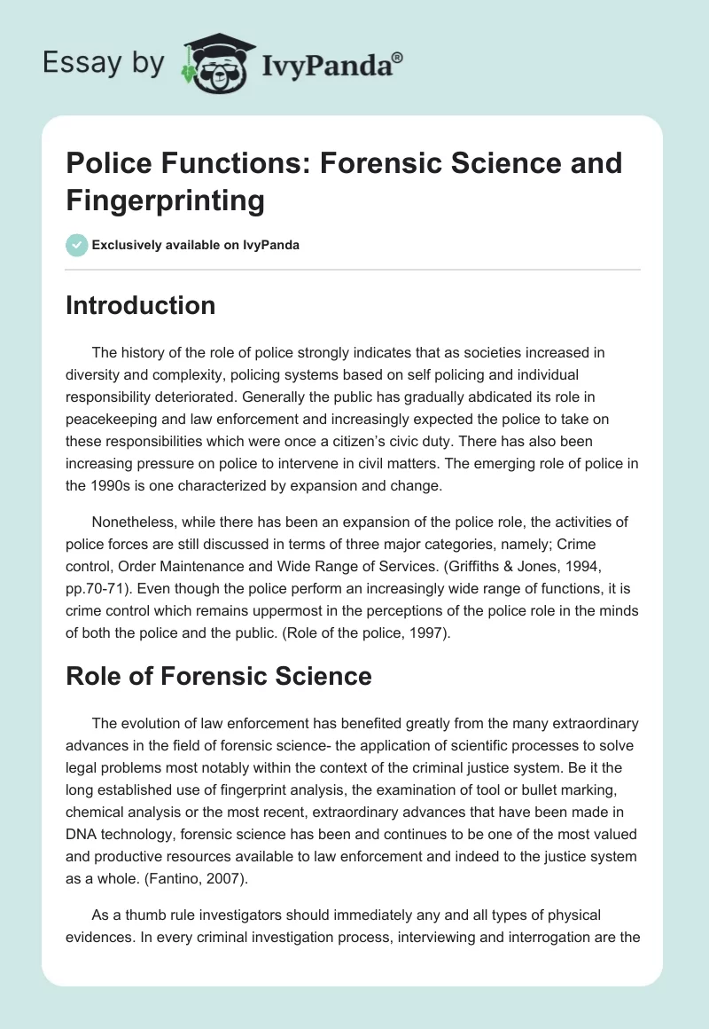 Police Functions: Forensic Science and Fingerprinting. Page 1