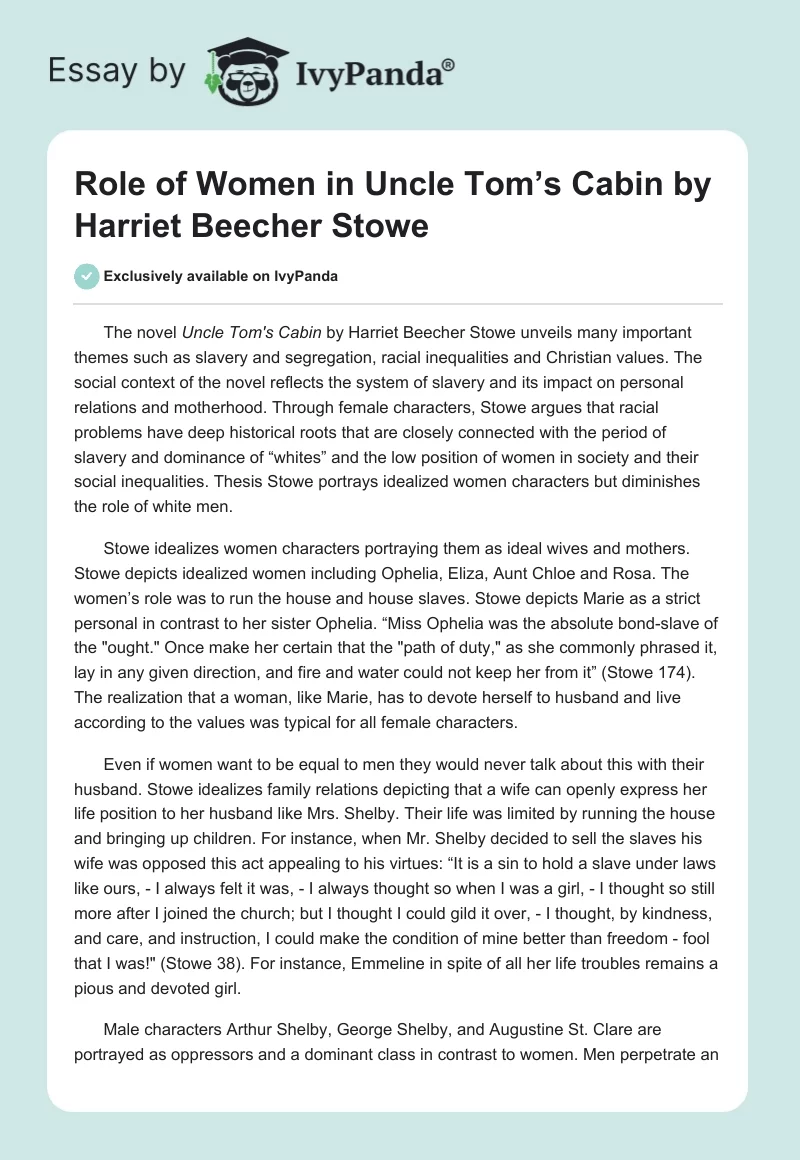 Role of Women in "Uncle Tom’s Cabin" by Harriet Beecher Stowe. Page 1