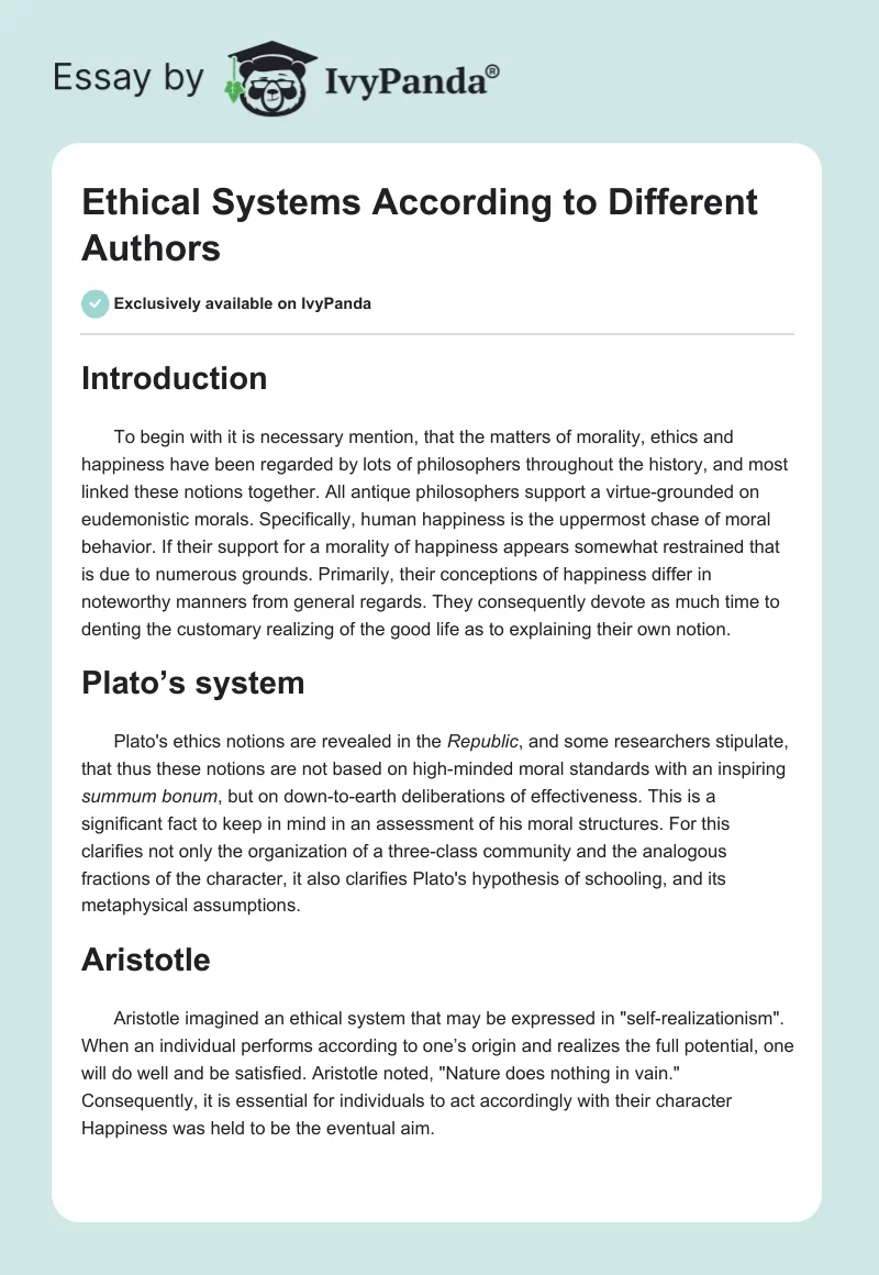 Ethical Systems According to Different Authors. Page 1