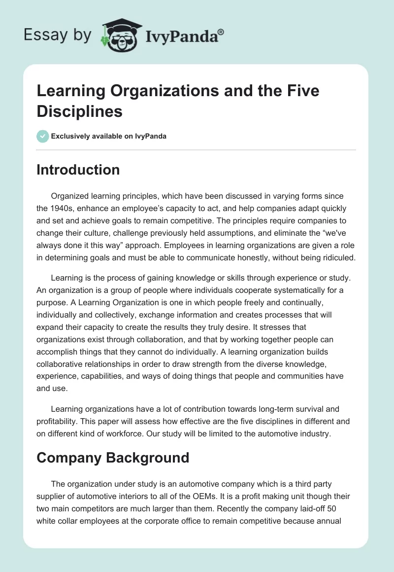 Learning Organizations and the Five Disciplines. Page 1