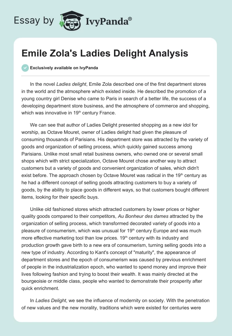 Emile Zola's "Ladies Delight" Analysis. Page 1