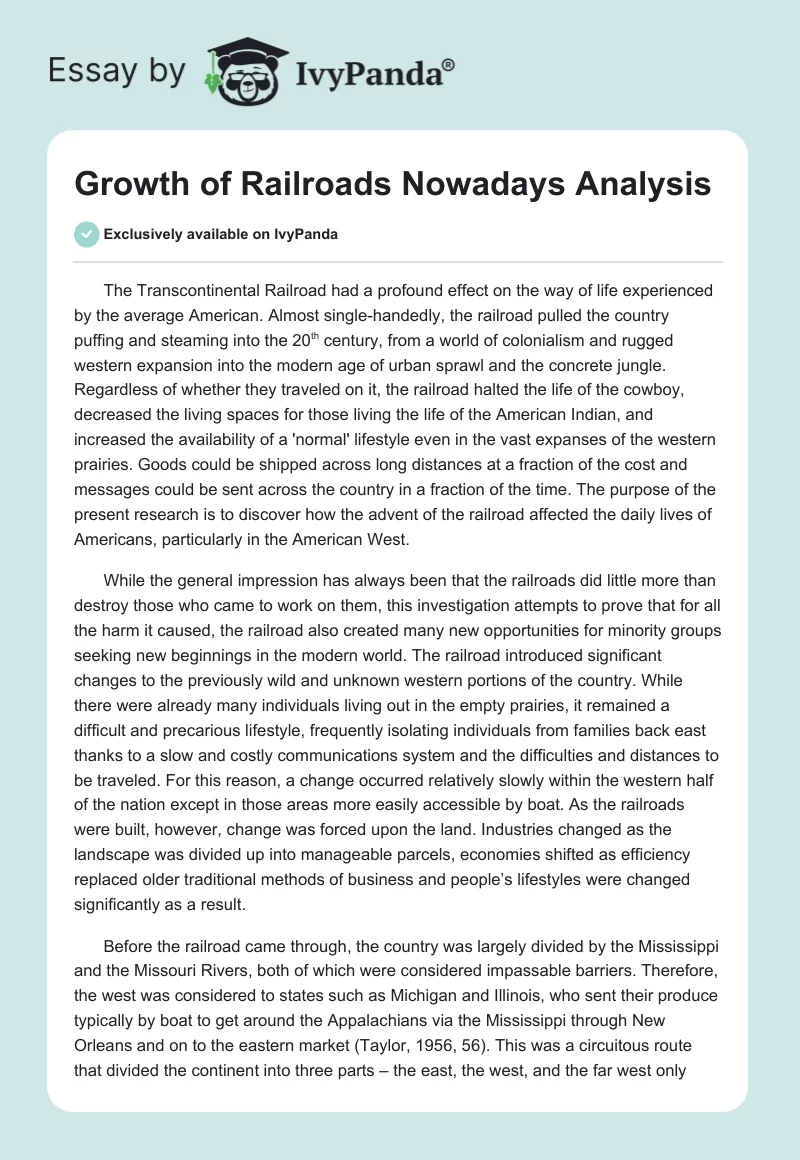 Growth of Railroads Nowadays Analysis. Page 1