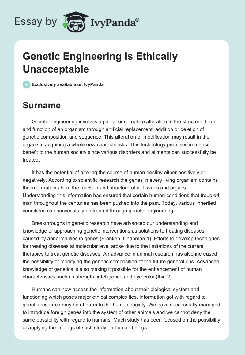 Genetic Engineering Is Ethically Unacceptable. Page 1