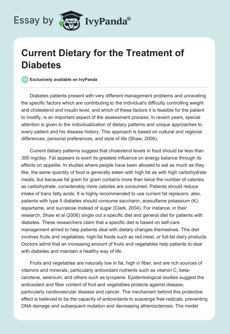 Current Dietary for the Treatment of Diabetes. Page 1