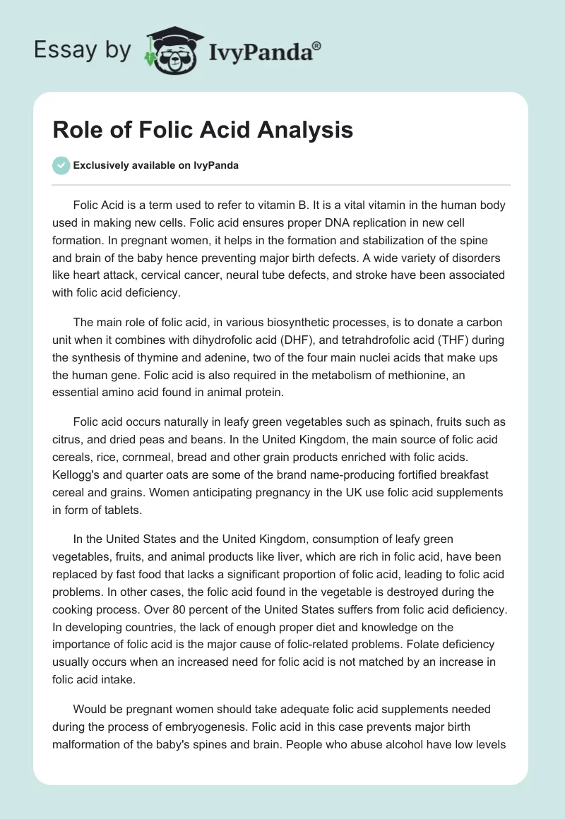 Role of Folic Acid Analysis. Page 1