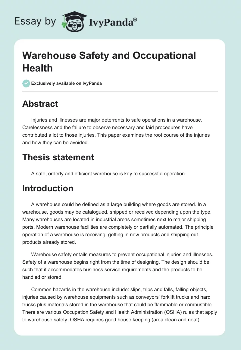 Warehouse Safety and Occupational Health. Page 1