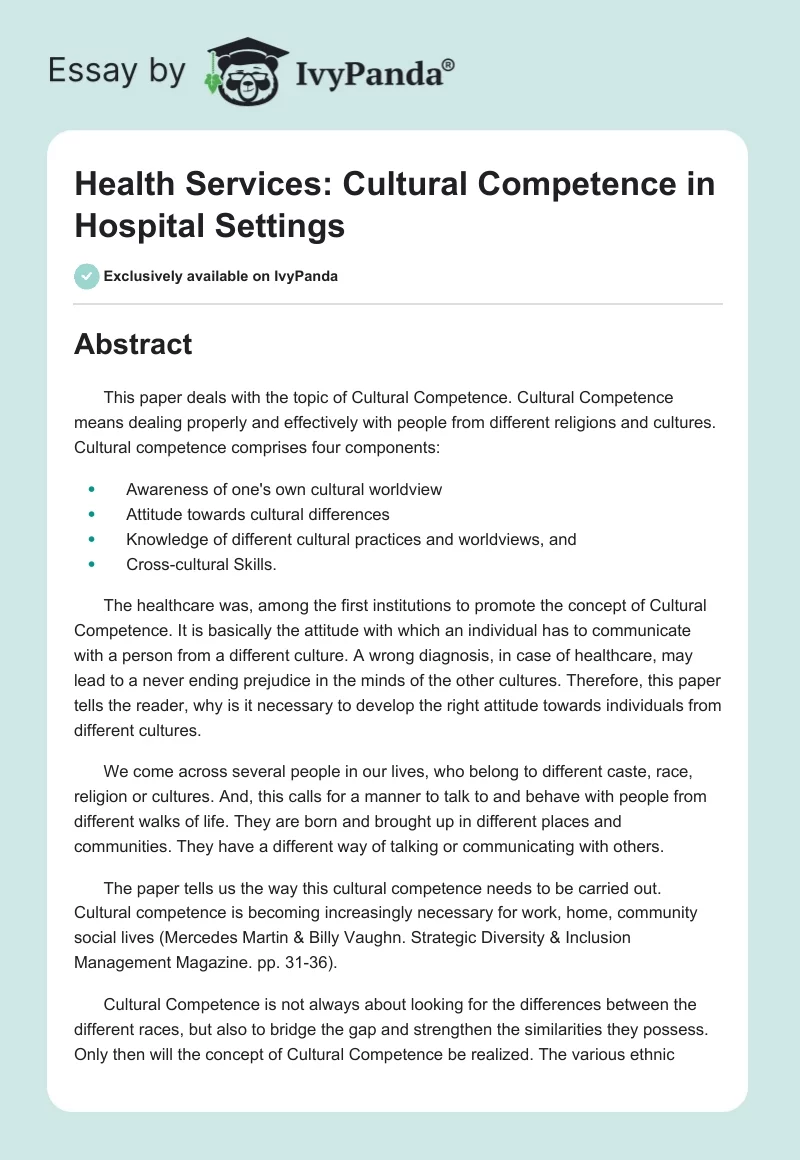 Health Services: Cultural Competence in Hospital Settings. Page 1