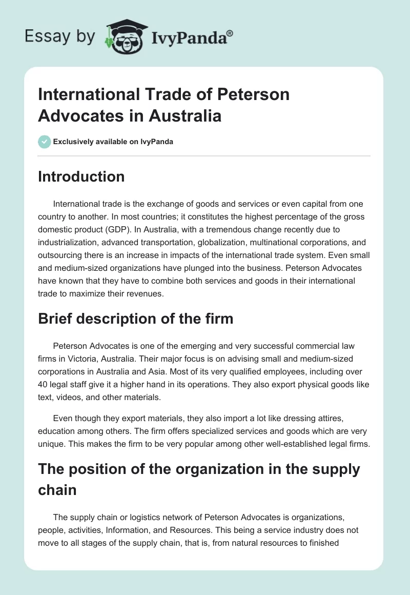 International Trade of Peterson Advocates in Australia. Page 1