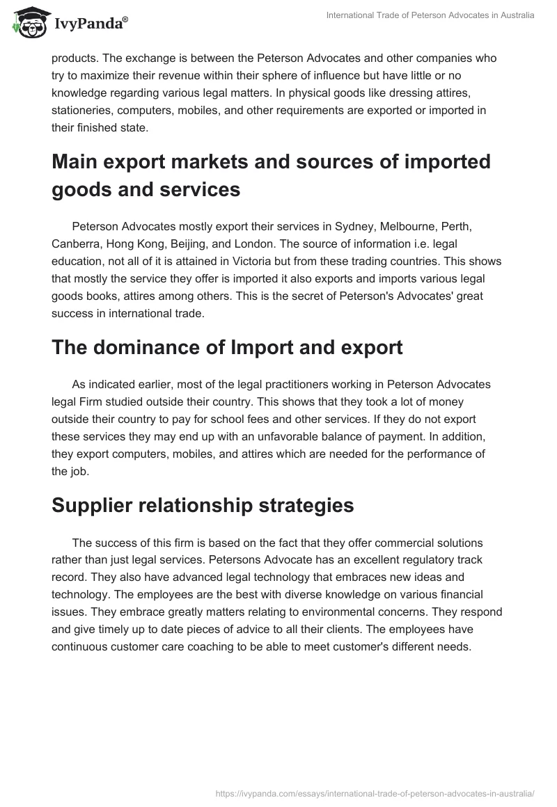 International Trade of Peterson Advocates in Australia. Page 2