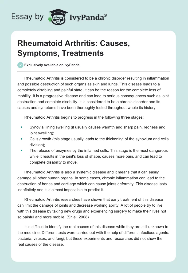 Rheumatoid Arthritis: Causes, Symptoms, Treatments. Page 1