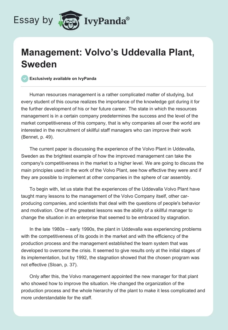 Management: Volvo’s Uddevalla Plant, Sweden. Page 1