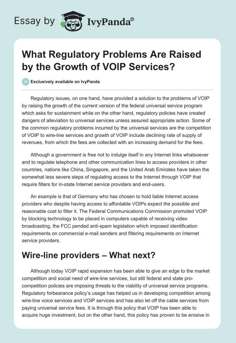 What Regulatory Problems Are Raised by the Growth of VOIP Services?. Page 1
