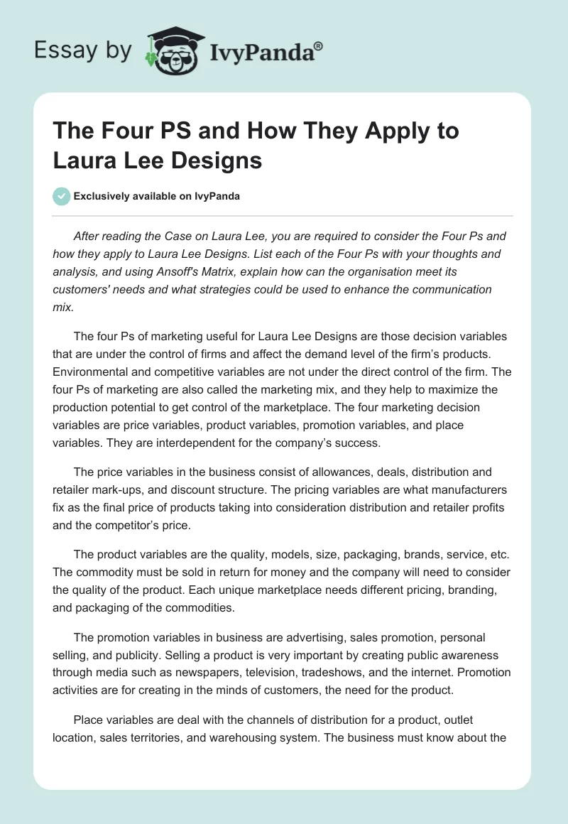 The Four PS and How They Apply to Laura Lee Designs. Page 1