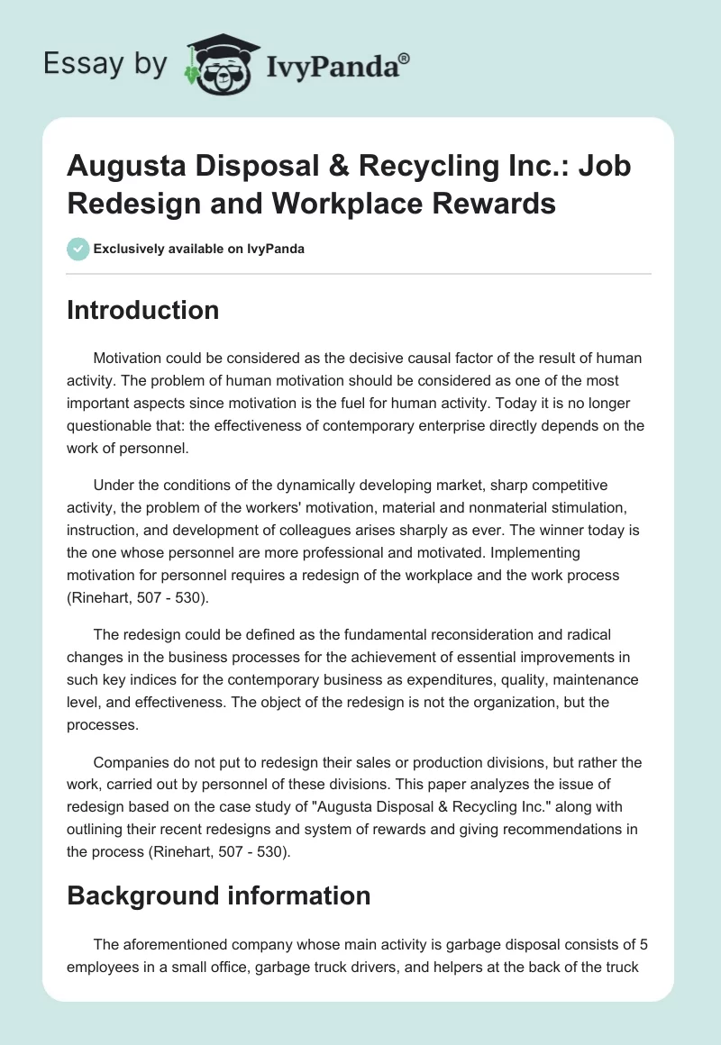 Augusta Disposal & Recycling Inc.: Job Redesign and Workplace Rewards. Page 1
