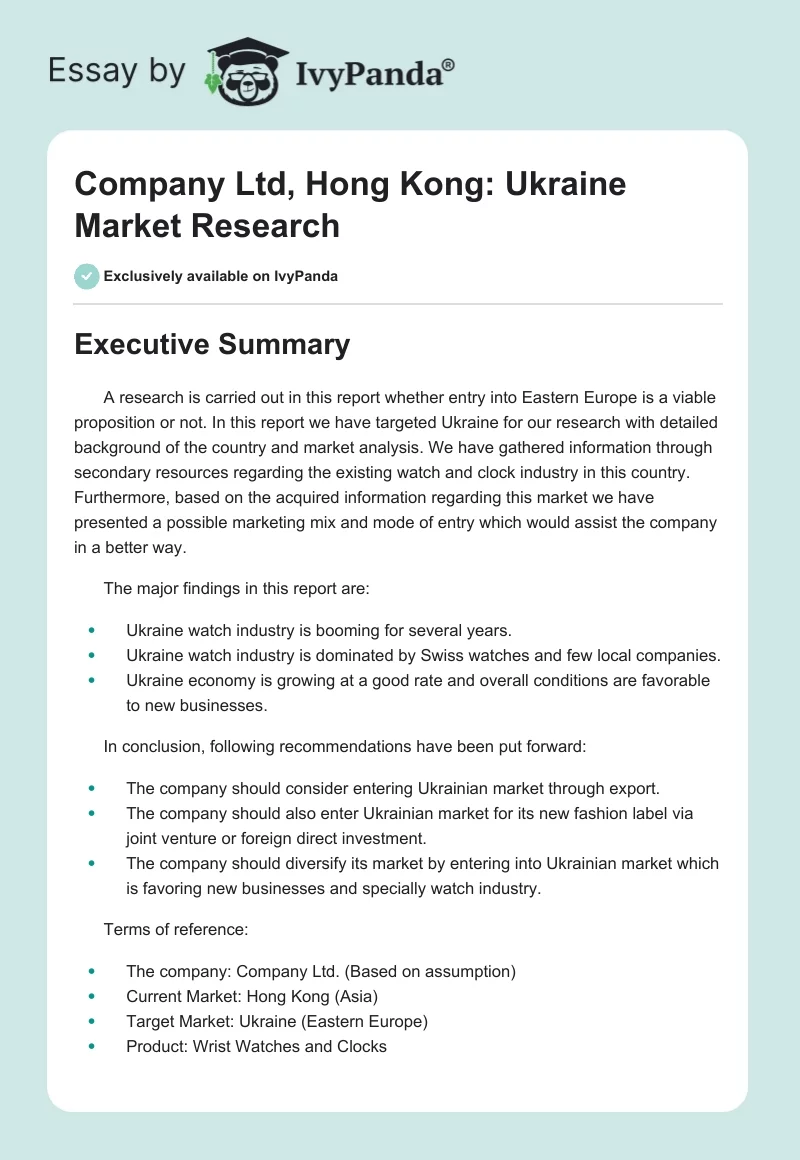 Company Ltd, Hong Kong: Ukraine Market Research. Page 1
