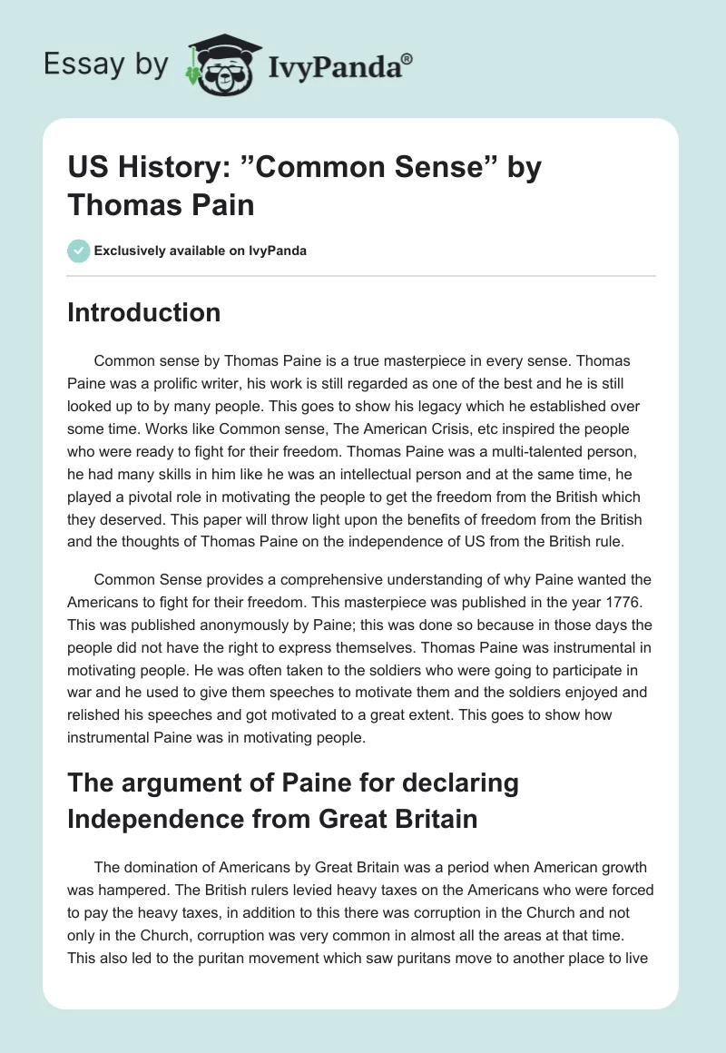 US History: ”Common Sense” by Thomas Pain. Page 1