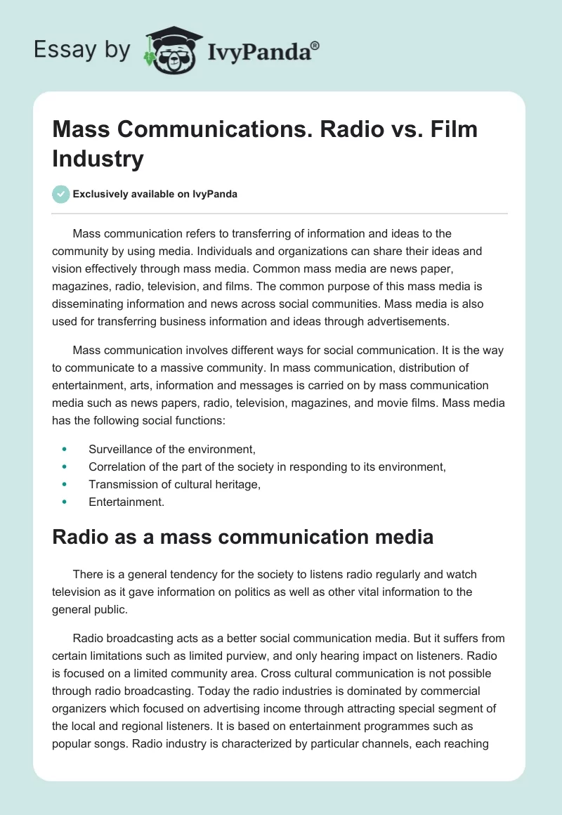 Mass Communications. Radio vs. Film Industry. Page 1