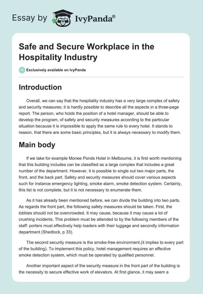 Safe and Secure Workplace in the Hospitality Industry. Page 1