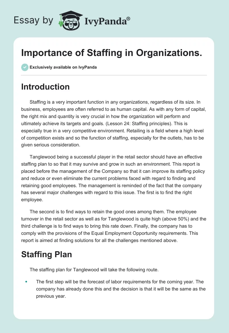 Importance of Staffing in Organizations.. Page 1