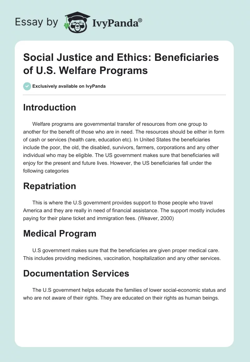 Social Justice and Ethics: Beneficiaries of U.S. Welfare Programs. Page 1