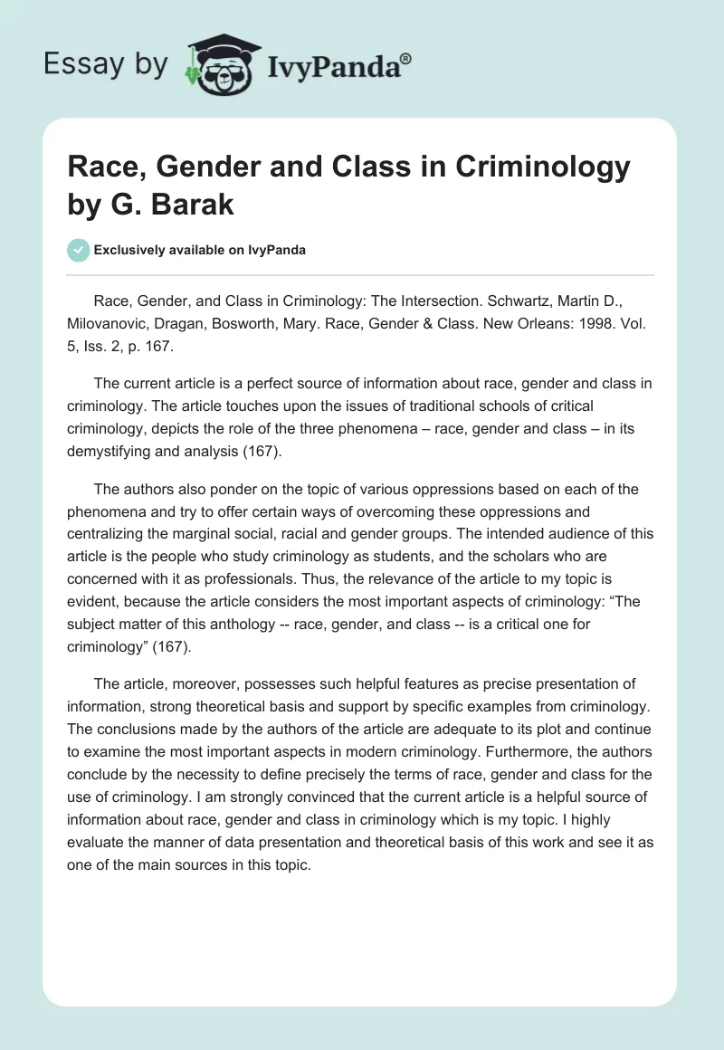 "Race, Gender and Class in Criminology" by G. Barak. Page 1