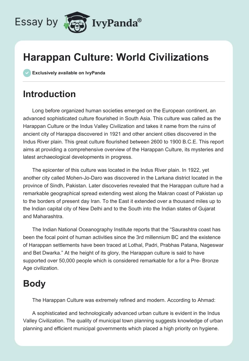 Harappan Culture: World Civilizations. Page 1