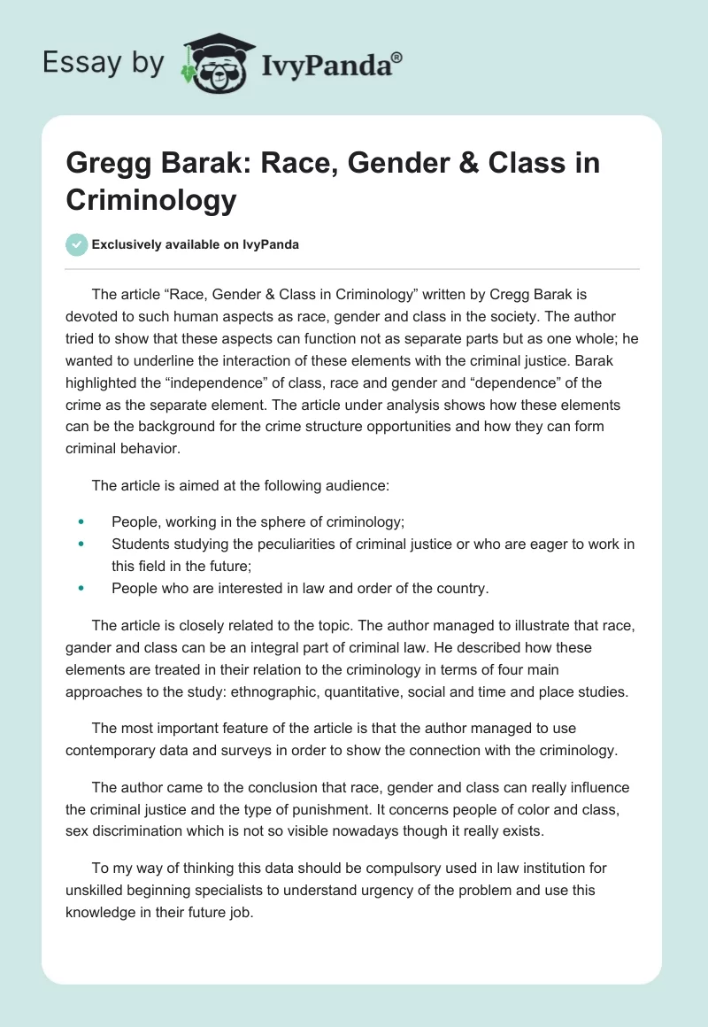 Gregg Barak: Race, Gender & Class in Criminology. Page 1