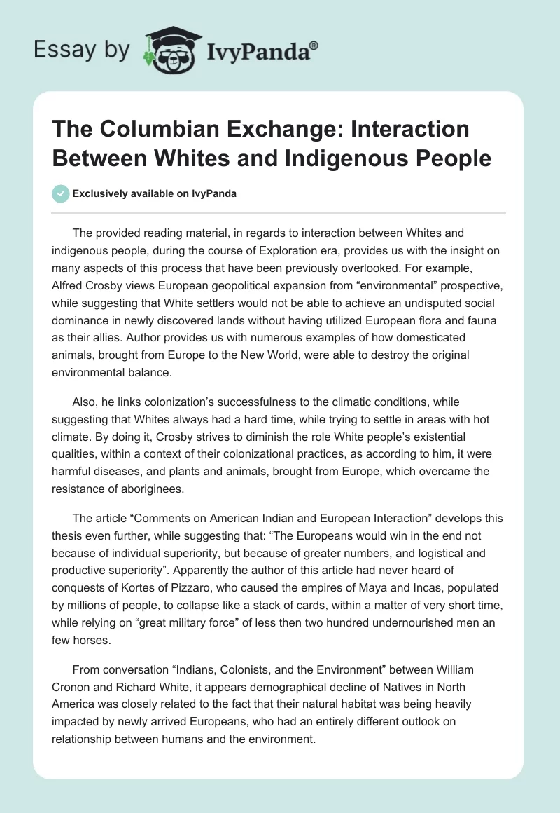 The Columbian Exchange: Interaction Between Whites and Indigenous People. Page 1