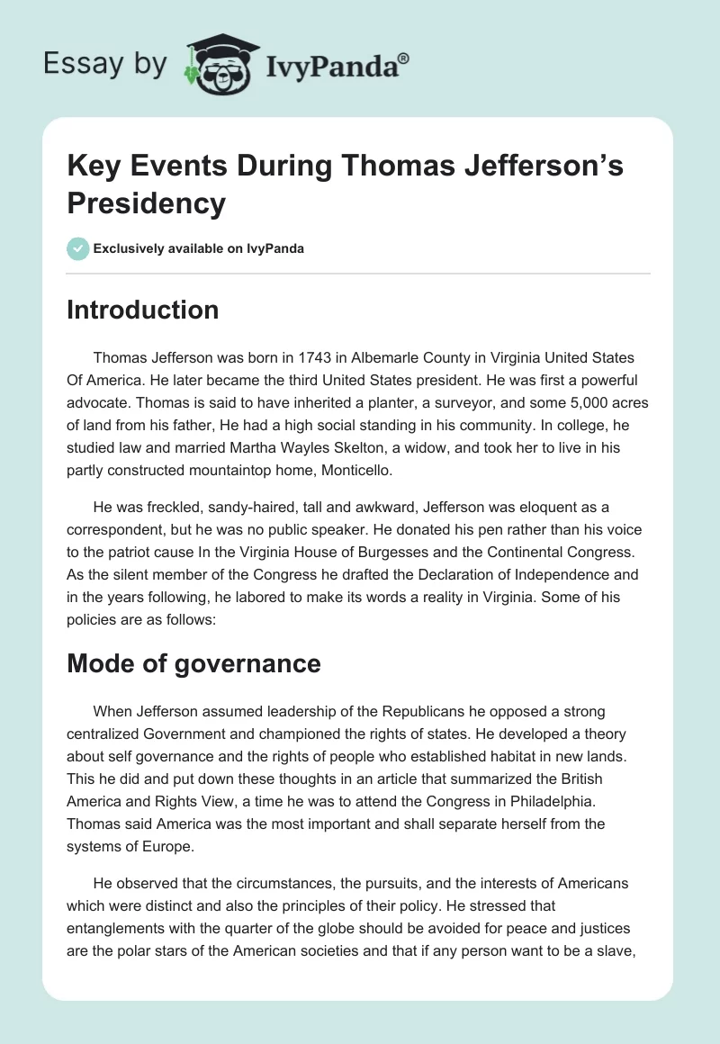 Key Events During Thomas Jefferson’s Presidency. Page 1