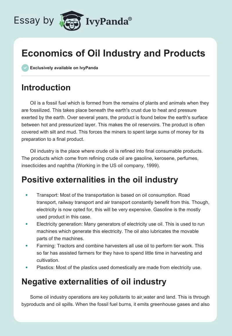 Economics of Oil Industry and Products. Page 1
