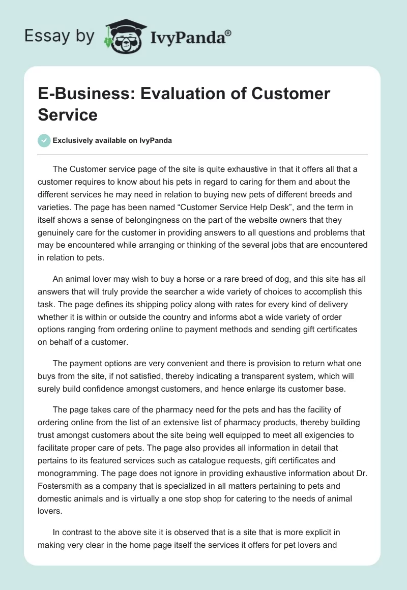 E-Business: Evaluation of Customer Service. Page 1
