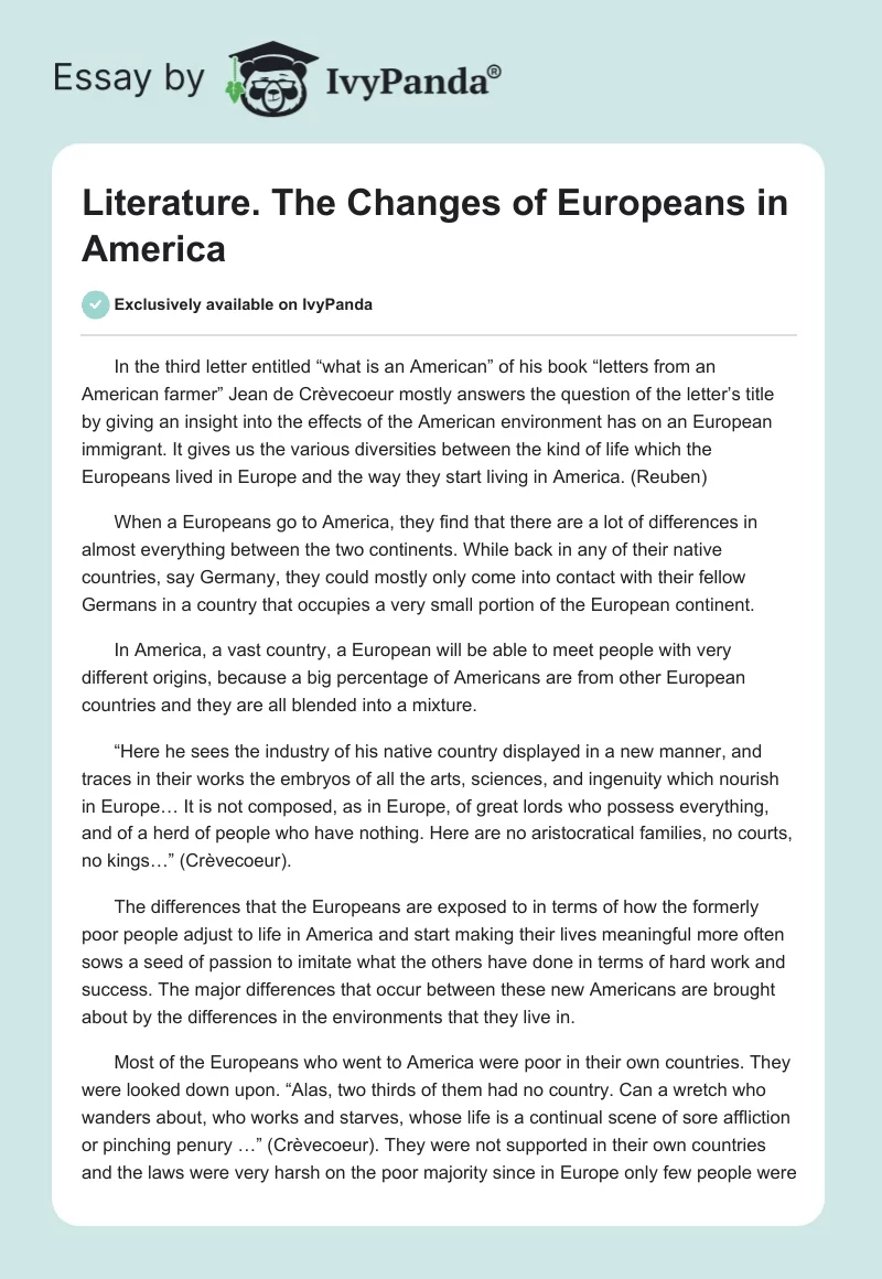 Literature. The Changes of Europeans in America. Page 1