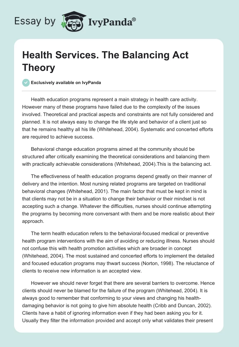 Health Services. The Balancing Act Theory. Page 1